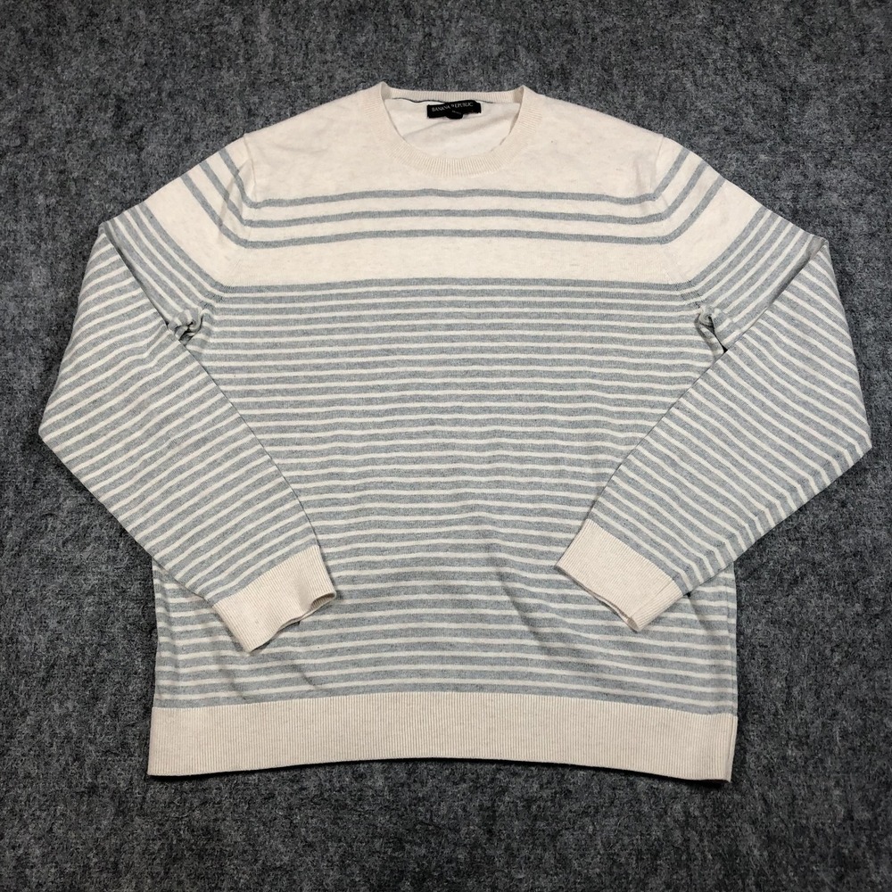 Banana Republic Sweater‎ Mens M Gray Stripe Cotton Crewneck Lightweight Pullover